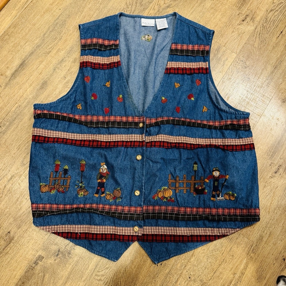 Vintage Denim Vest Bobbie Brooks Fall Scarecrow Leaves Pumpkins 22W/24W Blue